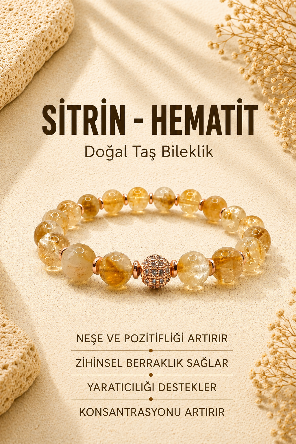 Hakiki Orijinal Sertifikalı Sitrin - Hematit Doğal Taş Bileklik Zirkon Aparatlı 8 mm