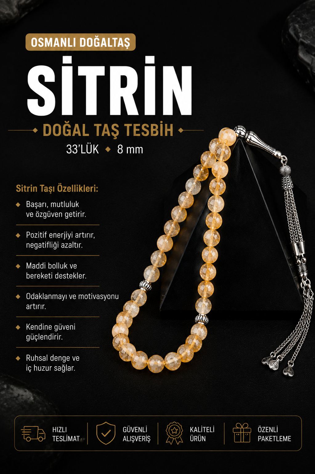 Sitrin Doğal Taş Tesbih 33lük - 8mm