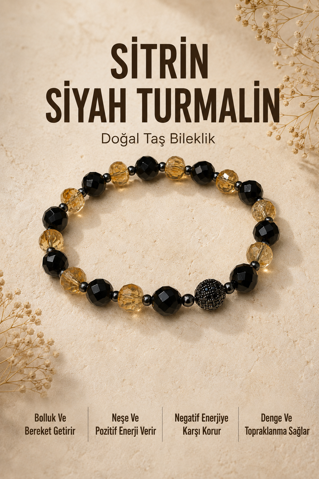 Sitrin Siyah Turmalin Doğal Taş Bileklik 6 MM