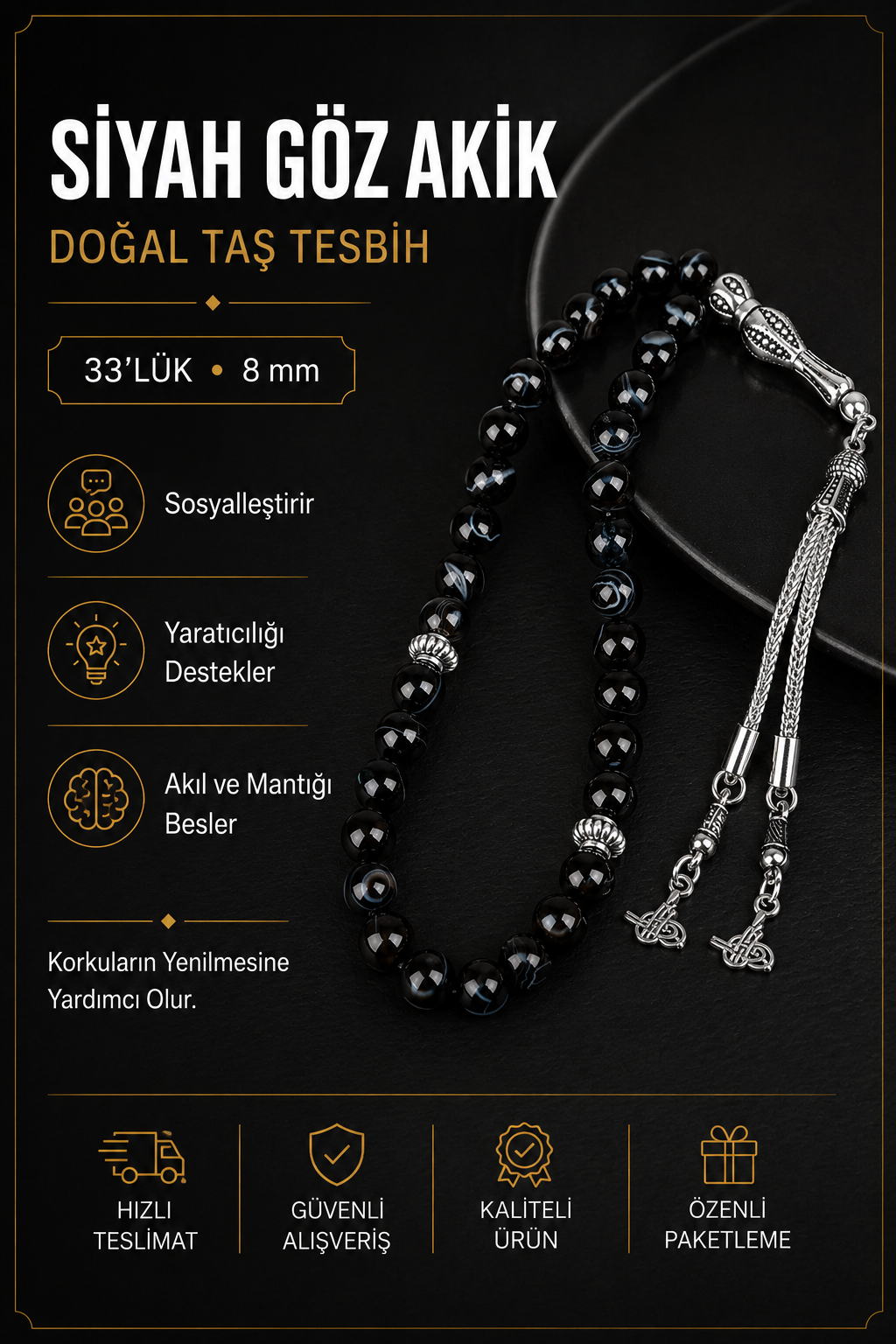 Siyah Göz Akik Doğal Taş Tesbih 33lük - 8mm