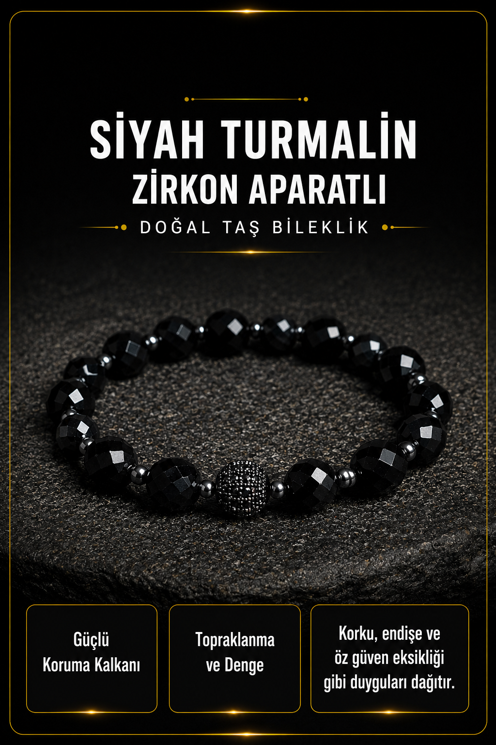 Sertifikalı Siyah Turmalin Zirkon Aparatlı Doğal Taş Bileklik (SK:401)