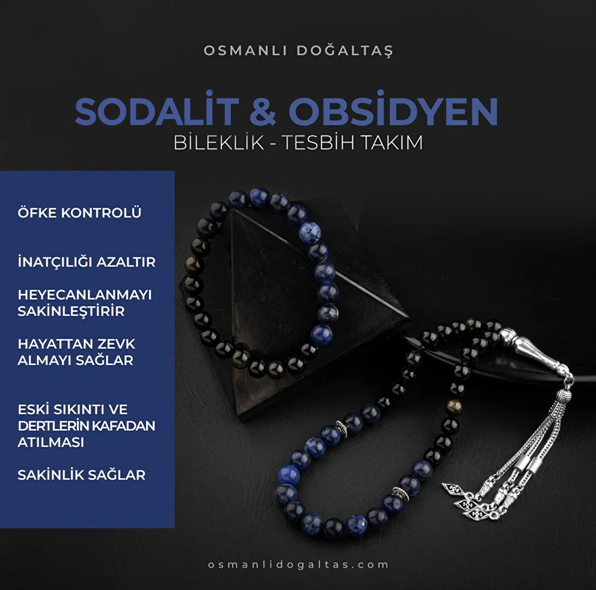 Sodalit-Obsidyen Doğal Taş Tesbih Bileklik Seti