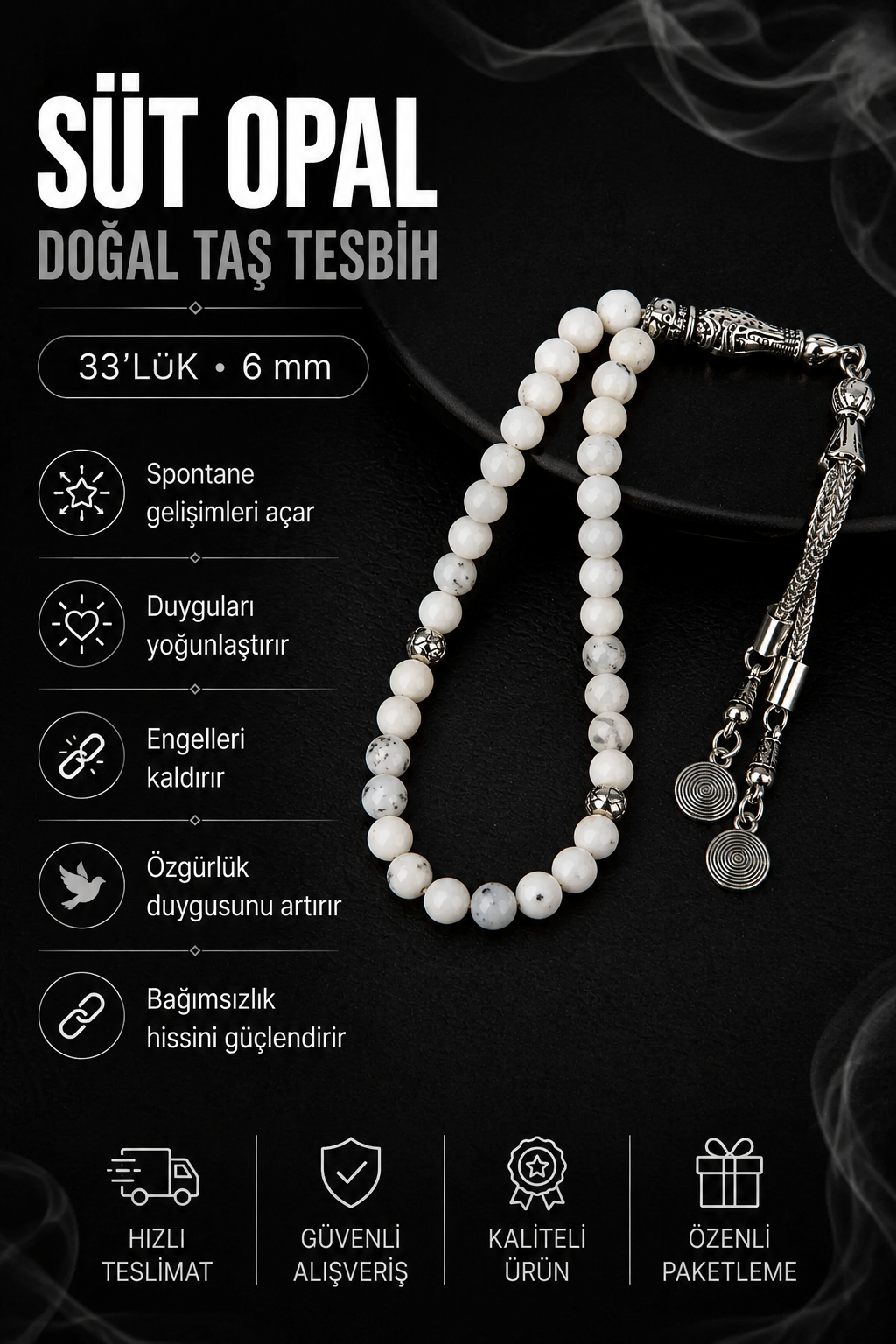 Süt Opal Doğal Taş Tesbih 33lük - 6mm