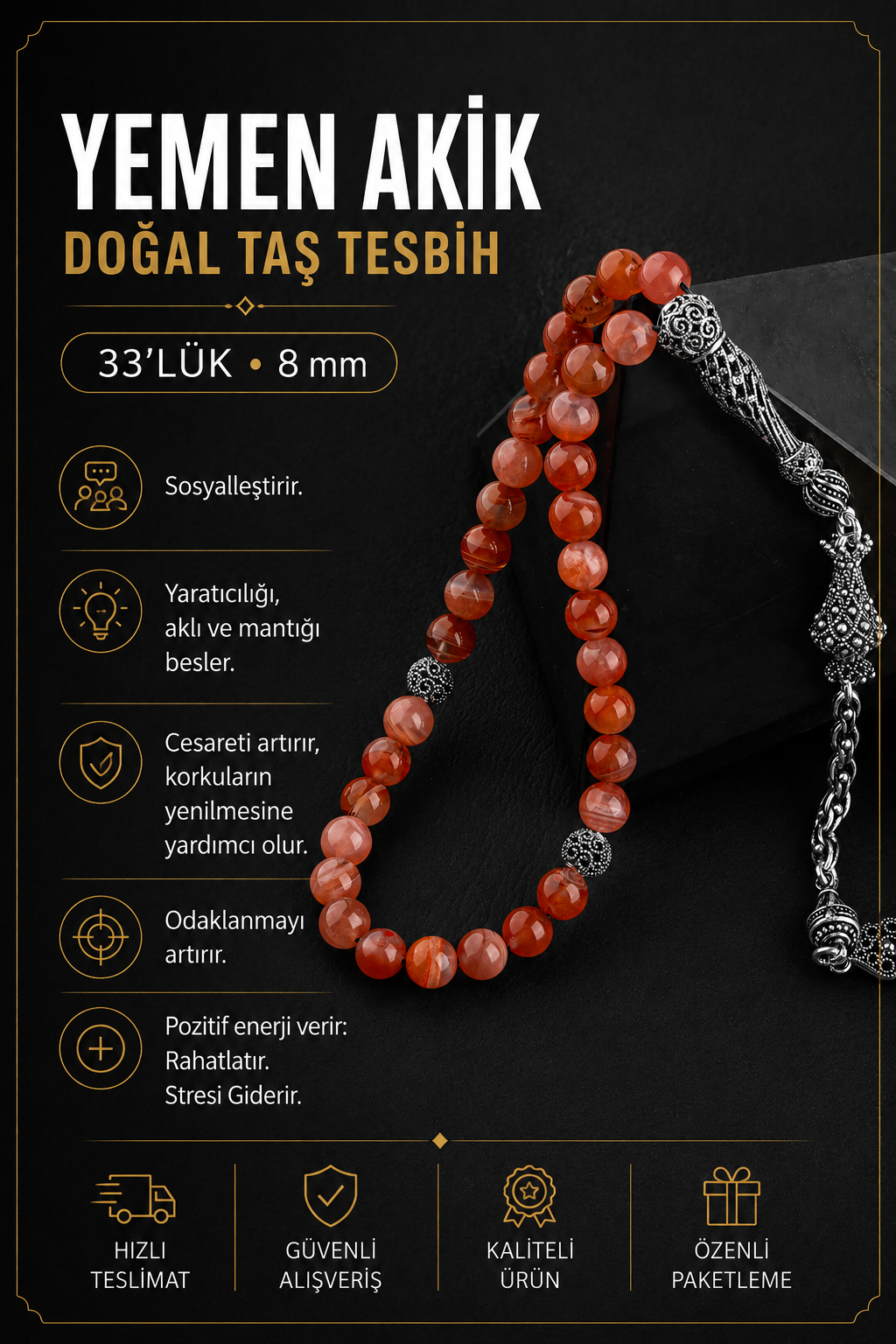 Yemen Akik Doğal Taş 8mm Gümüş Tesbih