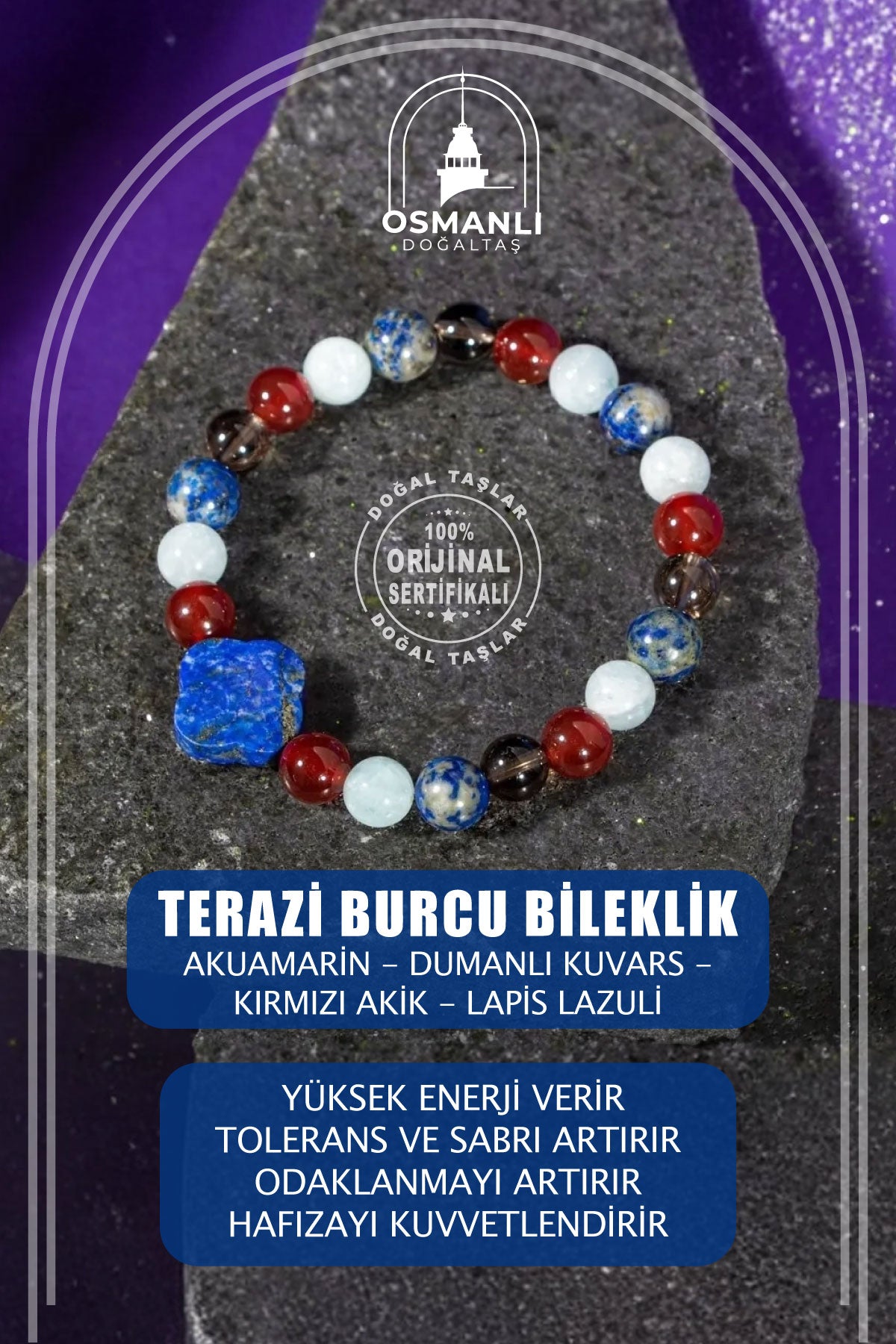Terazi Burcu Bileklik Akuamarin, Dumanlı Kuvars, Kırmızı Akik, Lapis Lazuli