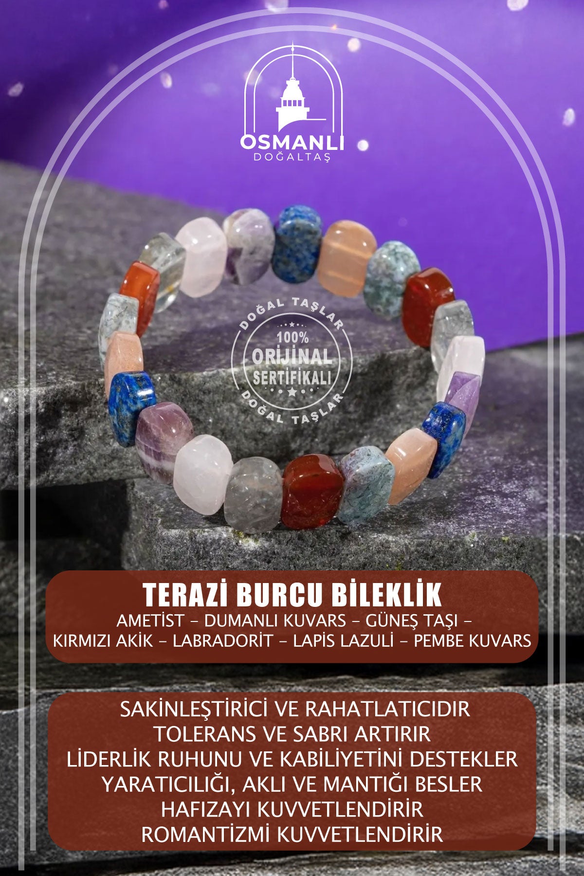 Terazi Burcu Bileklik Ametist, Dumanlı Kuvars, Güneş Taşı, Kırmızı Akik, Labradorit, Lapis Lazuli, Pembe Kuvars
