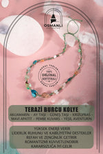 Terazi Burcu Kolye Akuamarin, Ay Taşı, Güneş Taşı, Krizopras, Mavi Apatit, Pembe Kuvars, Yeşil Aventurin