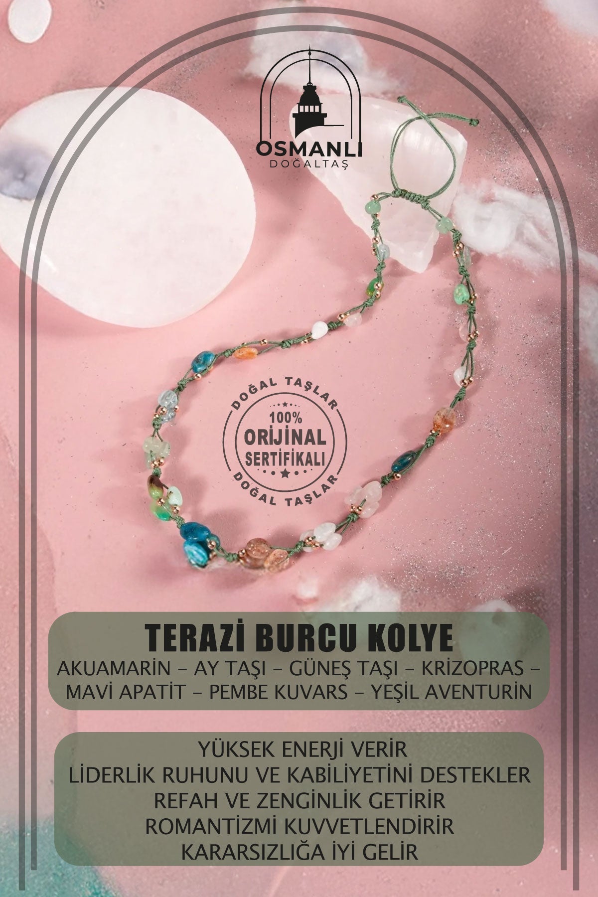 Terazi Burcu Kolye Akuamarin, Ay Taşı, Güneş Taşı, Krizopras, Mavi Apatit, Pembe Kuvars, Yeşil Aventurin