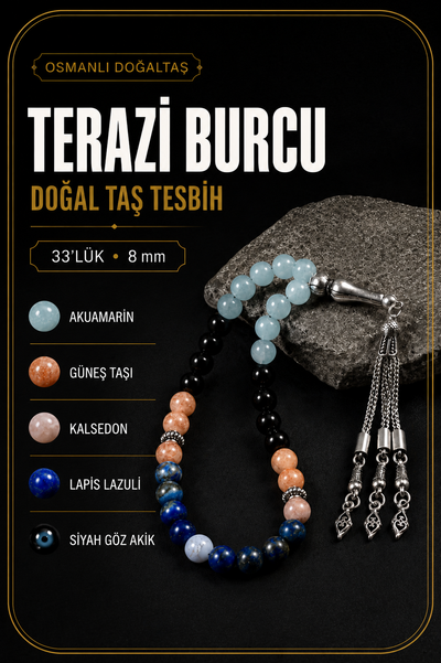 Terazi Burcu Tesbih Akuamarin, Güneş Taşı, Kalsedon, Lapis Lazuli, Siyah Göz Akik
