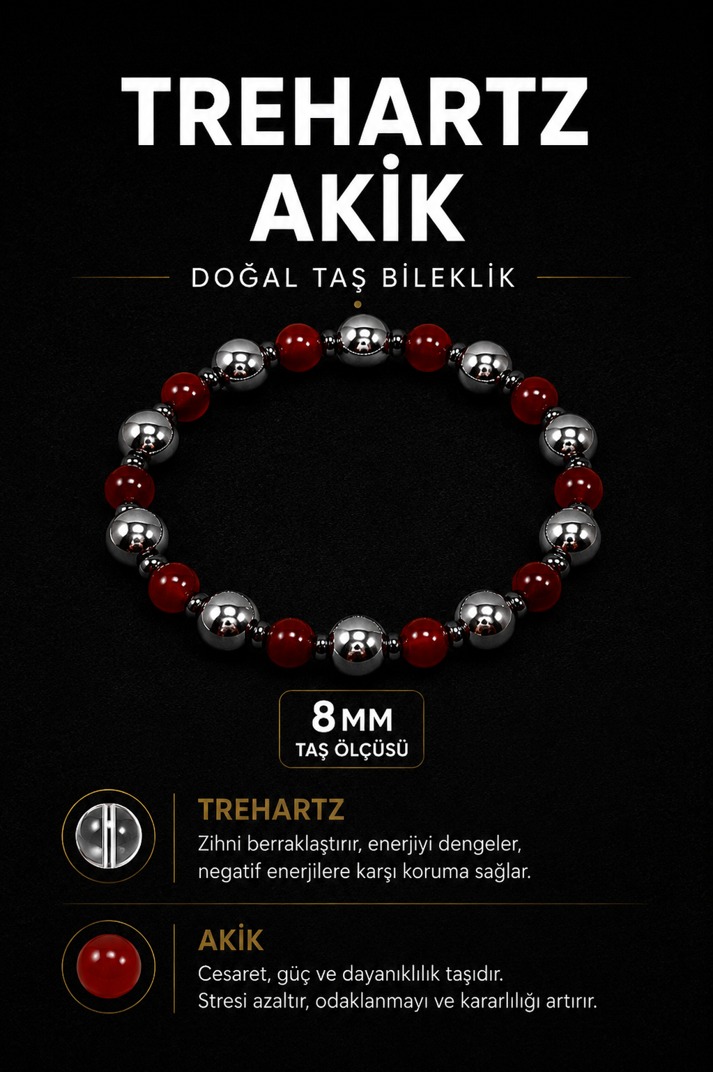 Trehartz Akik Doğal Taş Bileklik 8 mm | Osmanlı Doğal Taş