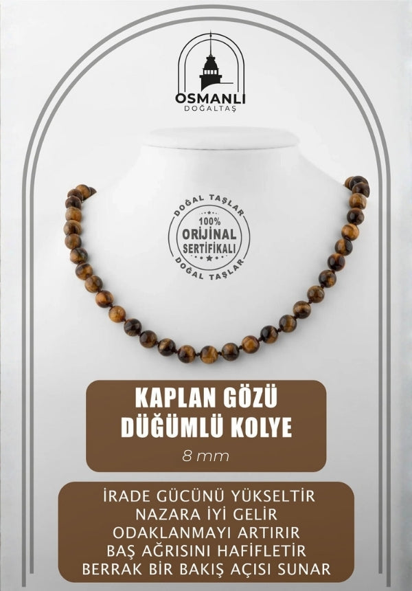 Kaplan Gözü 8 mm Düğümlü Doğal Taş Kolye