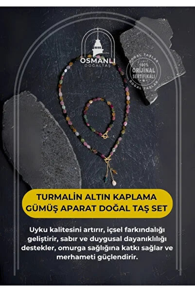 Sertifikalı Özel Kesim Turmalin  Altın Kaplama Gümüş Aparat Doğal Taş Set