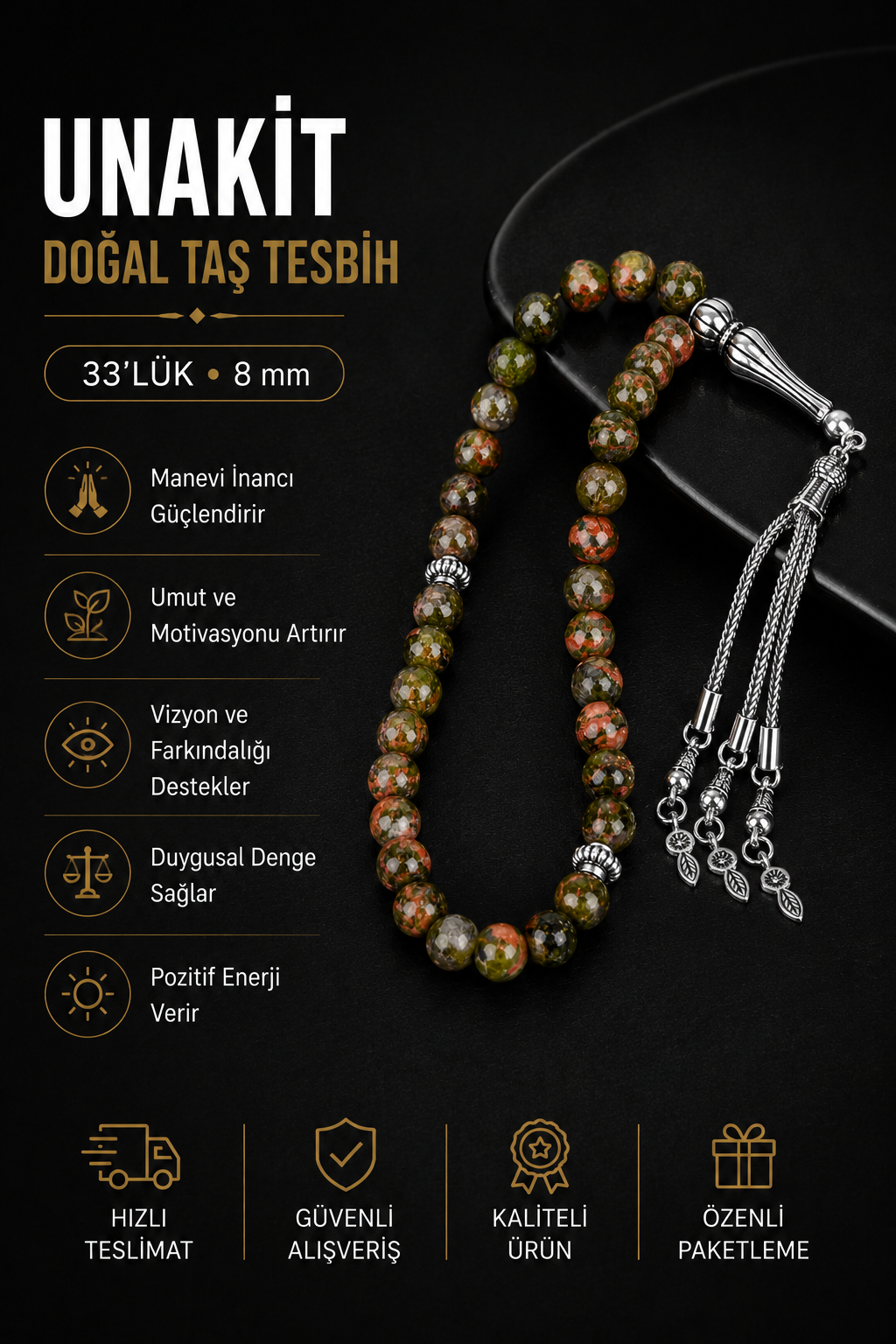 Unakit Doğal Taş Tesbih 33lük - 8mm