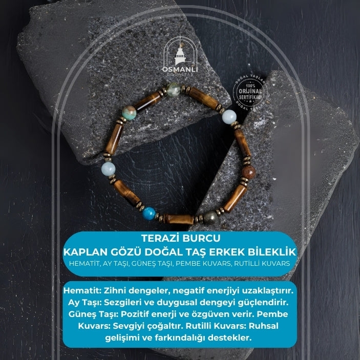 Sertifikalı Kaplan Gözü ve Doğal Taş Terazi Burcu Erkek Bileklik