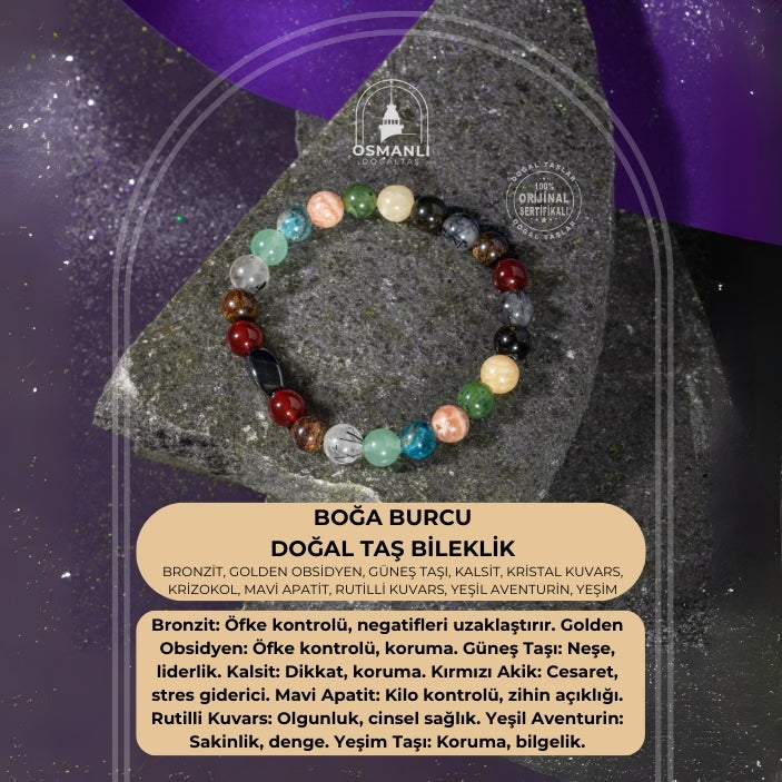 Boğa Burcu Bileklik Bronzit, Golden Obsidyen, Güneş Taşı, Kalsit, Kristal Kuvars, Krizokol, Mavi Apatit, Rutilli Kuvars, Yeşil Aventurin, Yeşim