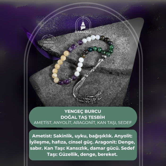 Yengeç Burcu Tesbih Ametist, Anyolit, Aragonit, Kan Taşı, Sedef