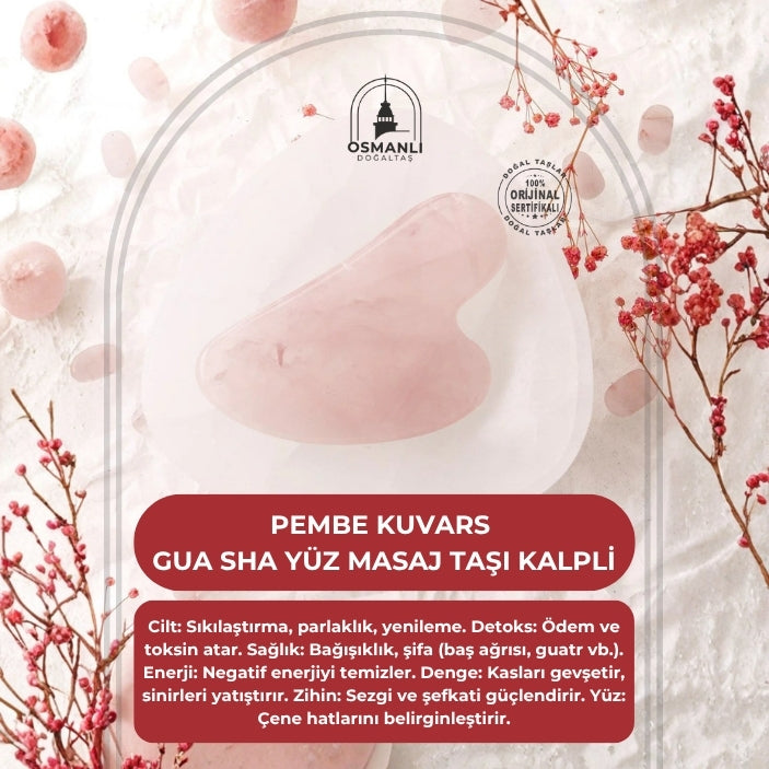 Pembe Kuvars Taşı Gua Sha Yüz Masaj Taşı Kalpli