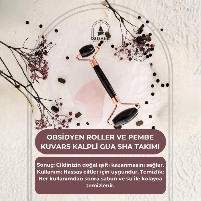 Obsidyen Roller ve Pembe Kuvars Kalpli Gua Sha Takımı