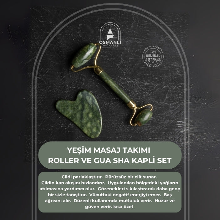 Yeşim Taşı Masaj Takımı - Roller ve Gua Sha Kapli Set