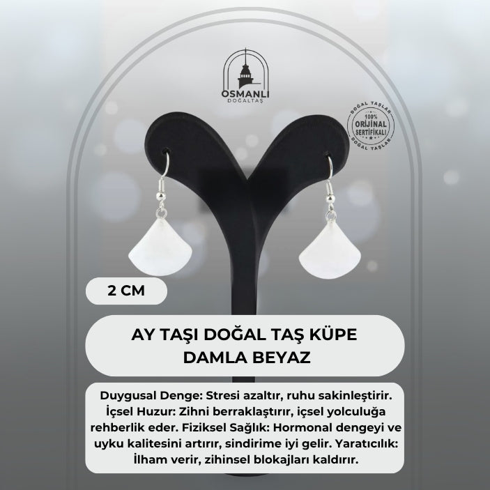 Sertifikalı Ay Taşı Doğal Taş Küpe - 2cm Damla Beyaz