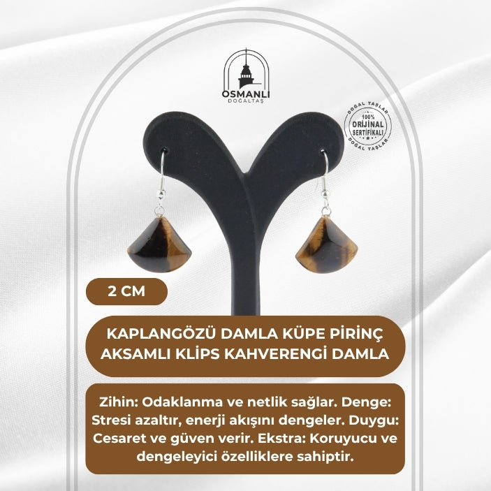 Sertifikalı Kaplangözü Damla Küpe - 2cm Pirinç Aksamlı Klips Kahverengi Damla