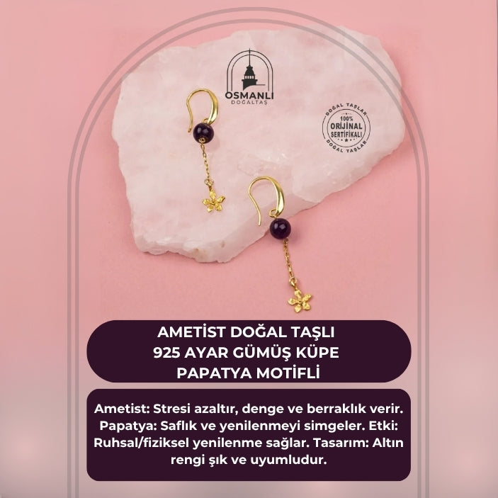 Ametist Doğal Taşlı 925 Ayar Gümüş Küpe Papatya Motifli