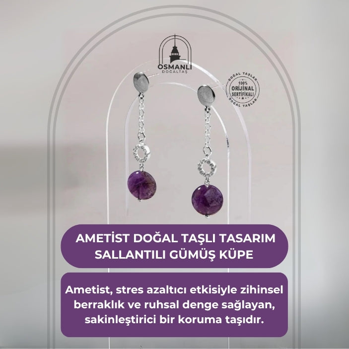 Sertifikalı Ametist Doğal Taşlı Tasarım Sallantılı Gümüş Küpe