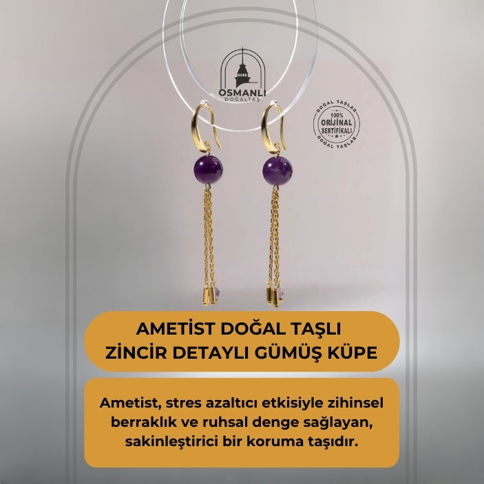 Sertifikalı Ametist Doğal Taşlı Zincir Detaylı Gümüş Küpe