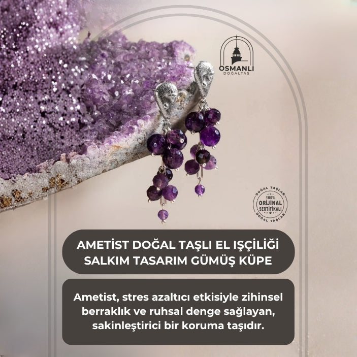 Sertifikalı Ametist Doğal Taşlı El Işçiliği Salkım Tasarım Gümüş Küpe