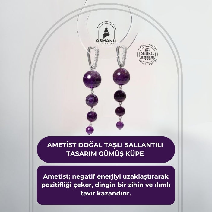 Sertifikalı Ametist Doğal Taşlı Sallantılı Tasarım Gümüş Küpe