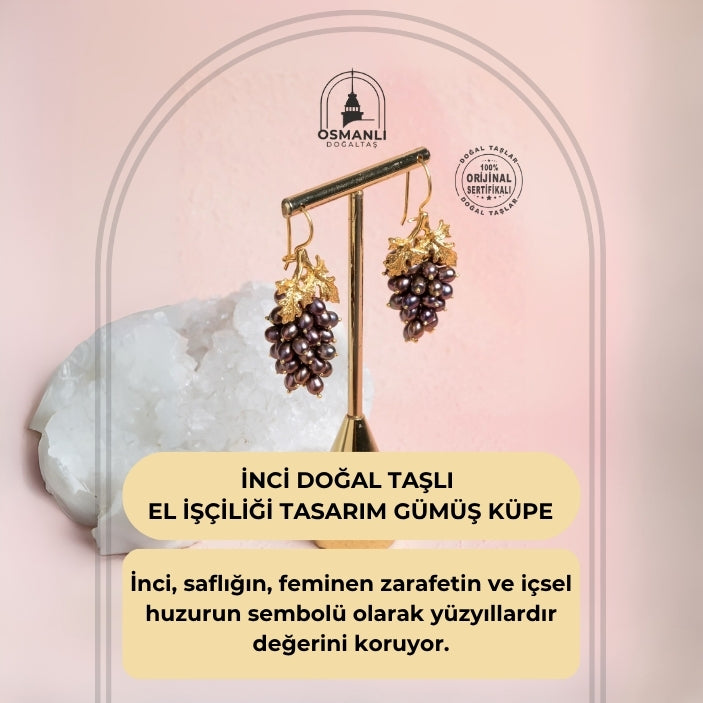 Sertifikalı İnci Doğal Taşlı El İşçiliği Tasarım Gümüş Küpe