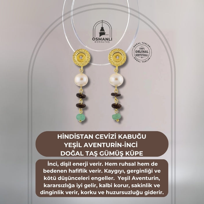 Hindistan Cevizi Kabuğu-Yeşil Aventurin-İnci Doğal Taş Gümüş Küpe