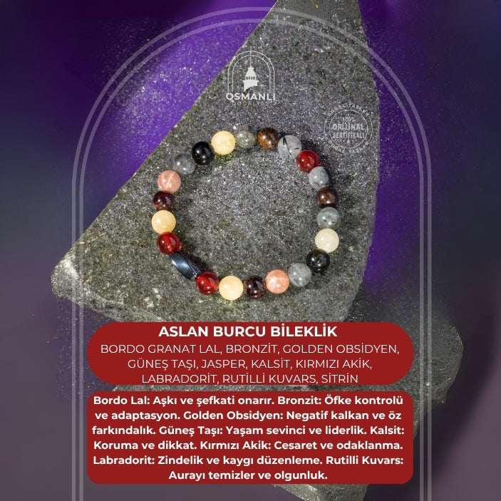 Aslan Burcu Bileklik Bordo Granat Lal, Bronzit, Golden Obsidyen, Güneş Taşı, Jasper, Kalsit, Kırmızı Akik, Labradorit, Rutilli Kuvars, Sitrin