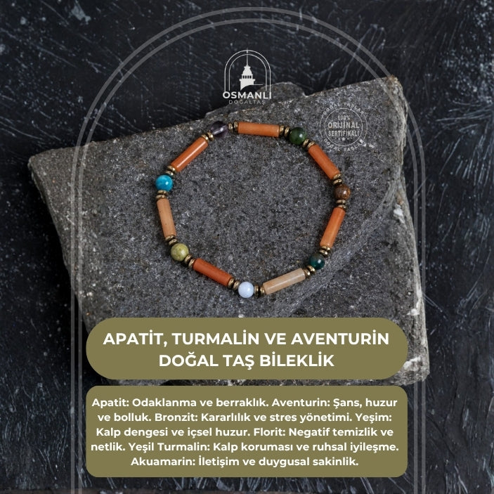 Sertifikalı Apatit, Turmalin ve Aventurin Doğal Taş Bileklik