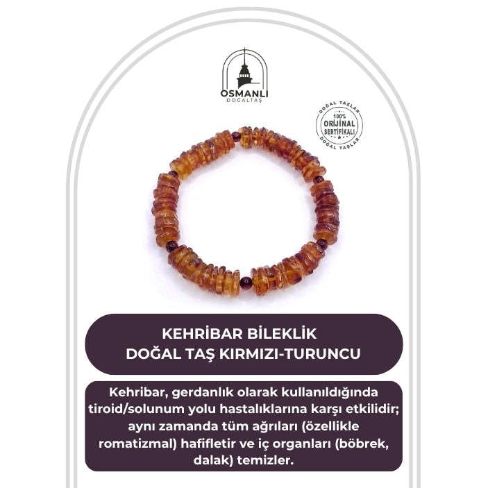 Kehribar Bileklik Sertifikalı %100 Orijinal Doğal Taş Kırmızı Turuncu