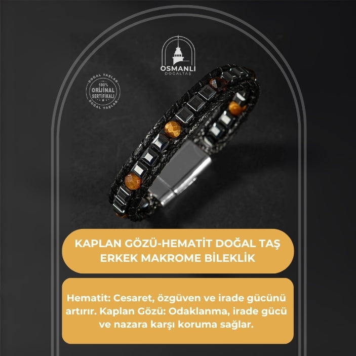 Kaplan Gözü-Hematit Doğal Taş Erkek Makrome Bileklik
