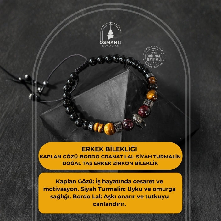 Erkek Bilekliği Kaplan Gözü-bordo Granat Lal-Siyah Turmalin Doğal Taş Erkek Zirkon Bileklik