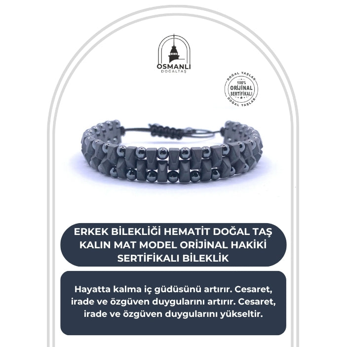 Erkek Bilekliği Hematit Doğal Taş Kalın Mat Model Orijinal Hakiki Sertifikalı Bileklik