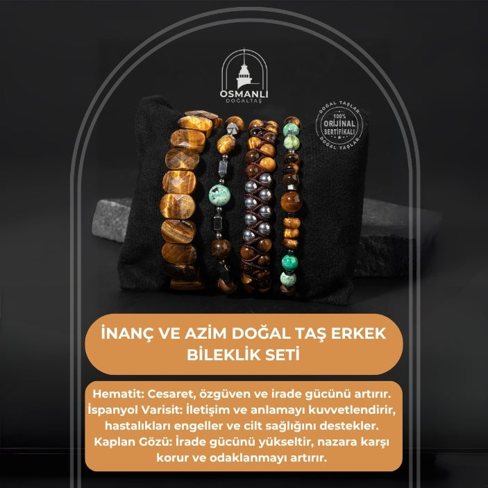 Sertifikalı İnanç ve Azim Doğal Taş Erkek Bileklik Seti