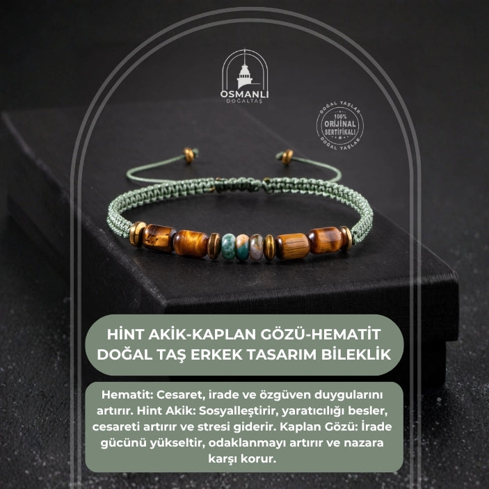 Hint Akik-Kaplan Gözü-Hematit Doğal Taş Erkek Tasarım Bileklik