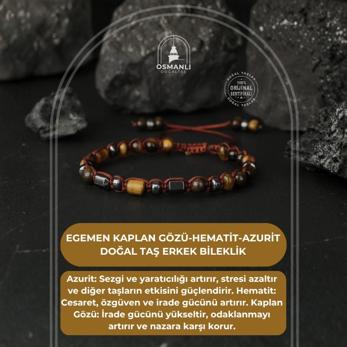 Egemen Kaplan Gözü-Hematit-Azurit Doğal Taş Erkek Bileklik