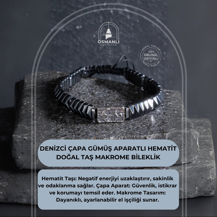 Sertifikalı Denizci Çapa Gümüş Aparatlı Hematit Doğal Taş Makrome Bileklik