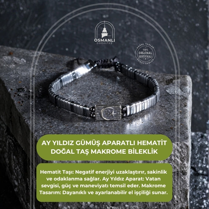 Sertifikalı Ay Yıldız Gümüş Aparatlı Hematit Doğal Taş Makrome Bileklik