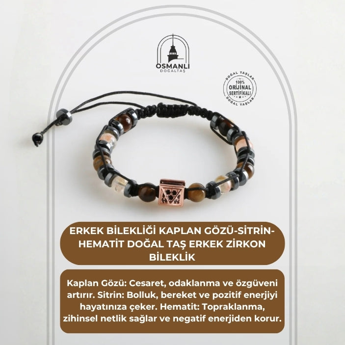 Erkek Bilekliği Kaplan Gözü-Sitrin-Hematit Doğal Taş Erkek Zirkon Bileklik