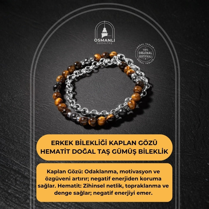 Erkek Bilekliği Kaplan Gözü Hematit Doğal Taş Gümüş Bileklik