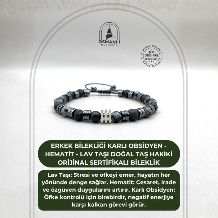 Erkek Bilekliği Karlı Obsidyen - Hematit - Lav Taşı Doğal Taş Hakiki Orijinal Sertifikalı Bileklik