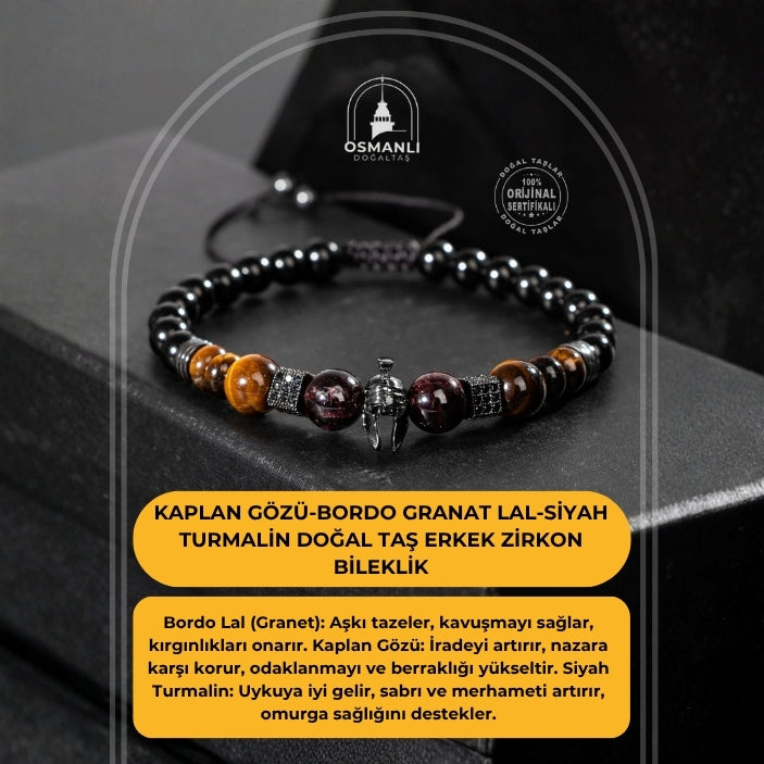 Kaplan Gözü-Bordo Granat Lal-Siyah Turmalin Doğal Taş Erkek Zirkon Bileklik