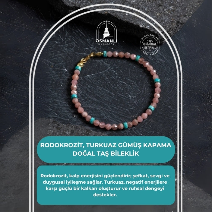 Sertifikalı Rodokrozit, Turkuaz Gümüş Kapama Doğal Taş Bileklik