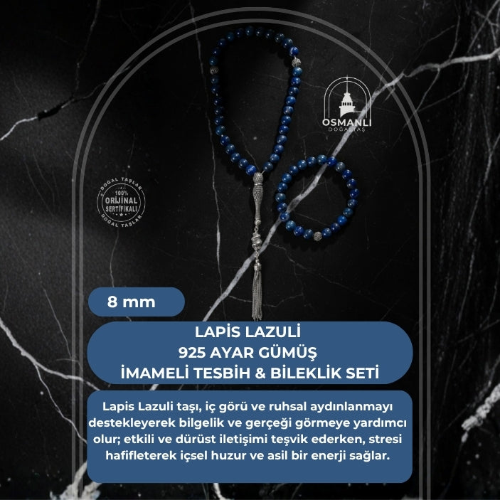 Sertifikalı Lapis Lazuli 925 Ayar Gümüş 8 mm İmameli Tesbih & Bileklik Seti