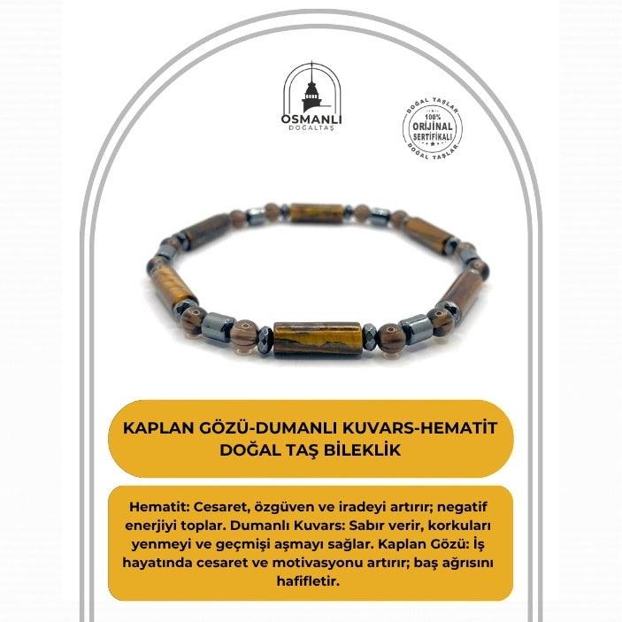 Sertifikalı Orjinal Kaplan Gözü-Dumanlı Kuvars-Hematit Doğal Taş Bileklik
